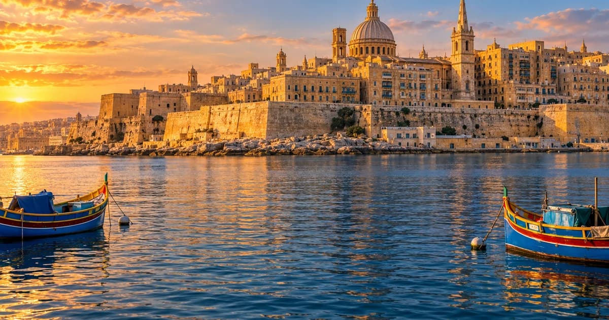 AI-generated illustration of honey-coloured limestone bastions above a Maltese harbour at golden hour