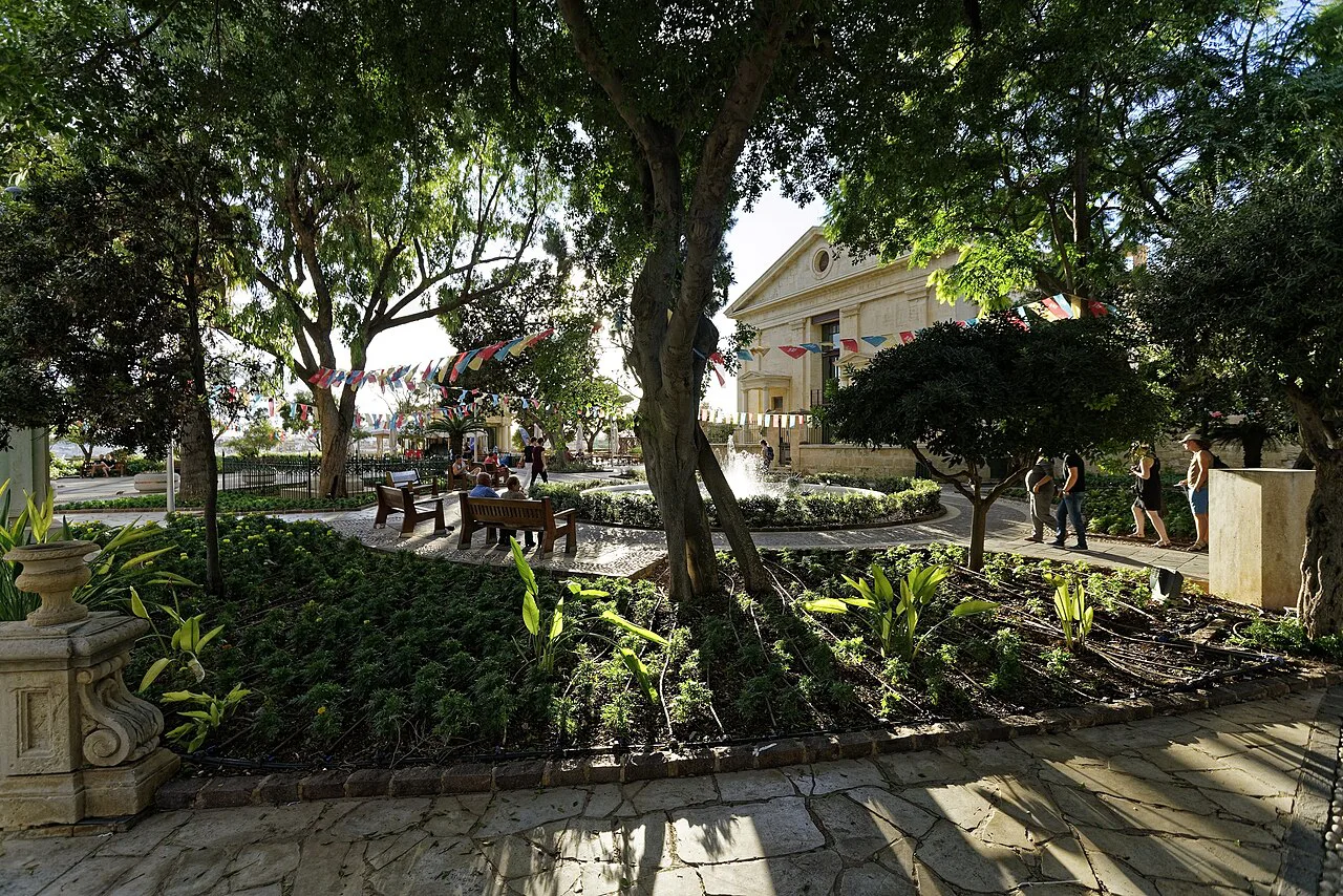 Shaded gardens in Upper Barrakka Gardens in Valletta.