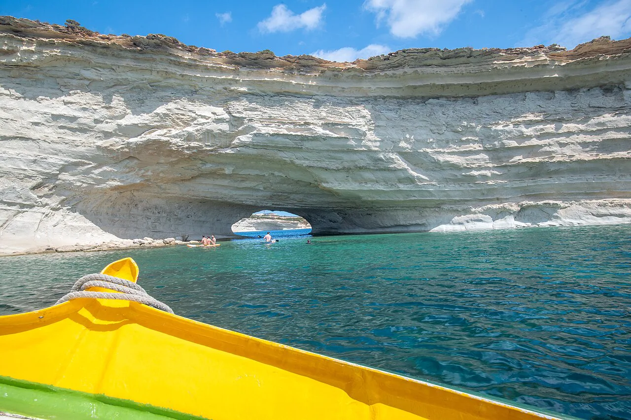 A sea cave and cliffs near Marsaxlokk seen from a traditional boat.
