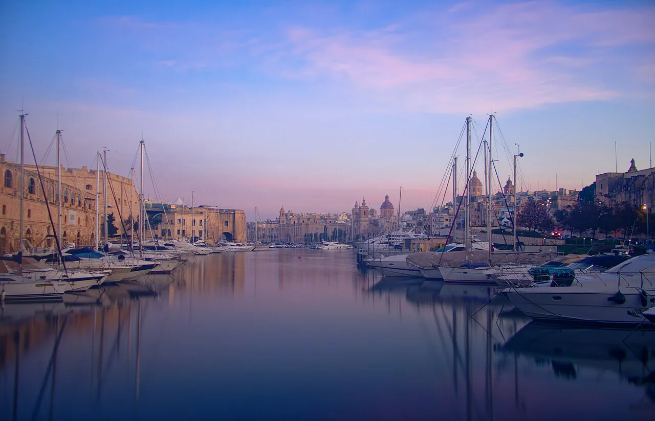 Yachts moored in Galley Creek, Senglea, at dusk.