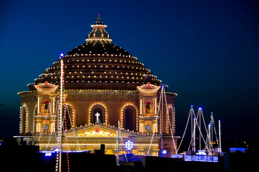 The Rotunda of Mosta lit up for a festa.