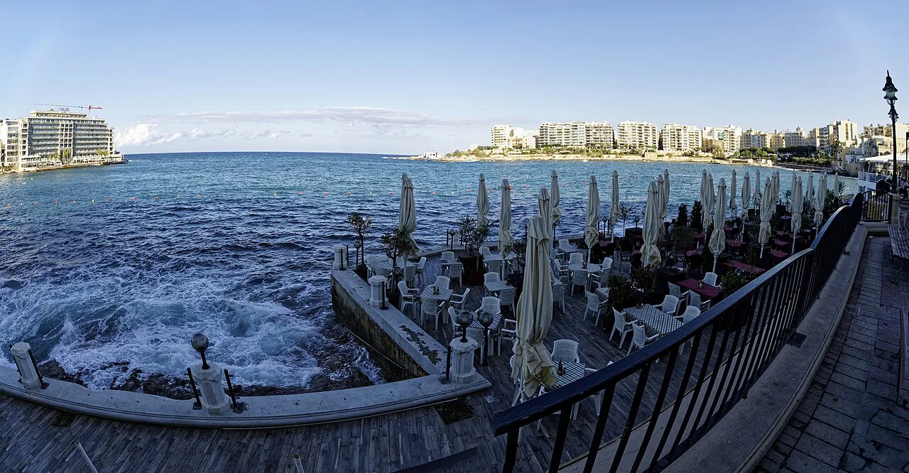 Seafront restaurants on Bay Street in St Julian's.