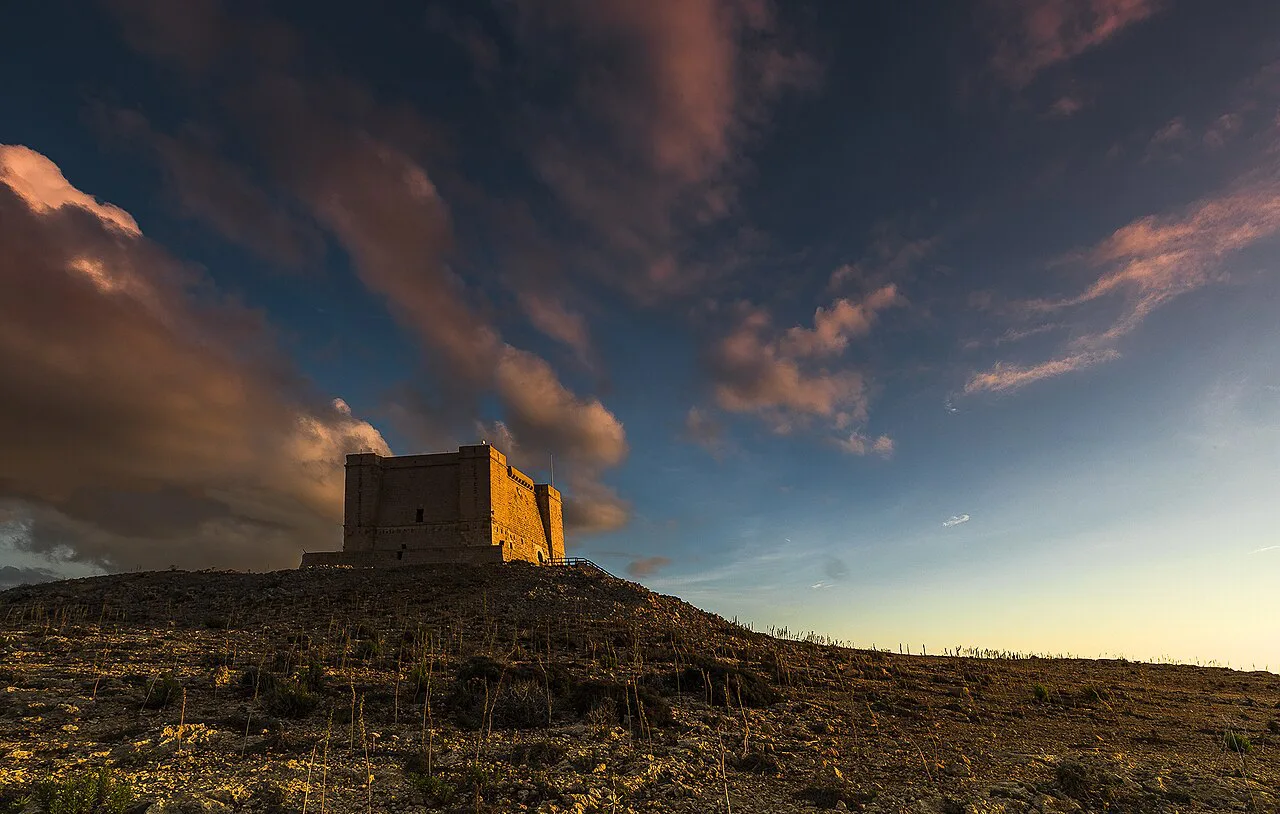 Santa Marija Tower on Comino at sunset.