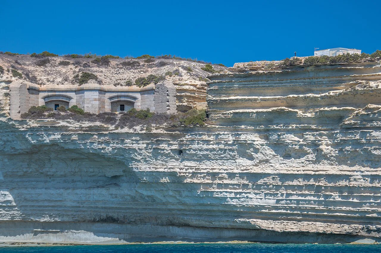 Limestone cliffs beside Fort Delimara near Marsaxlokk.