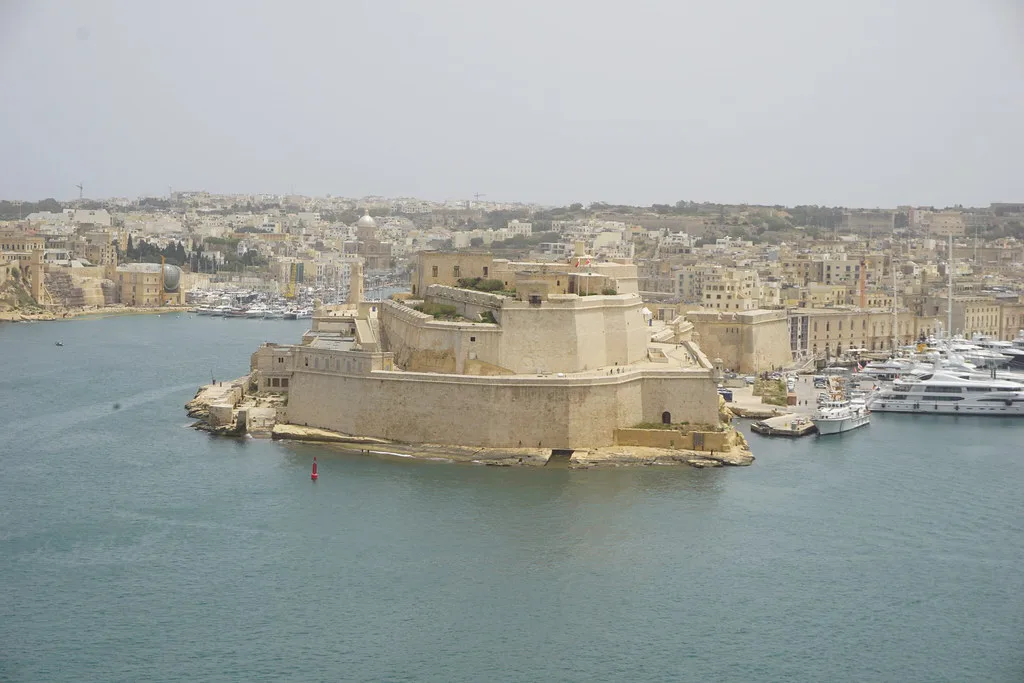 The Three Cities and Fort St Angelo seen from the Upper Barrakka Gardens in Valletta.