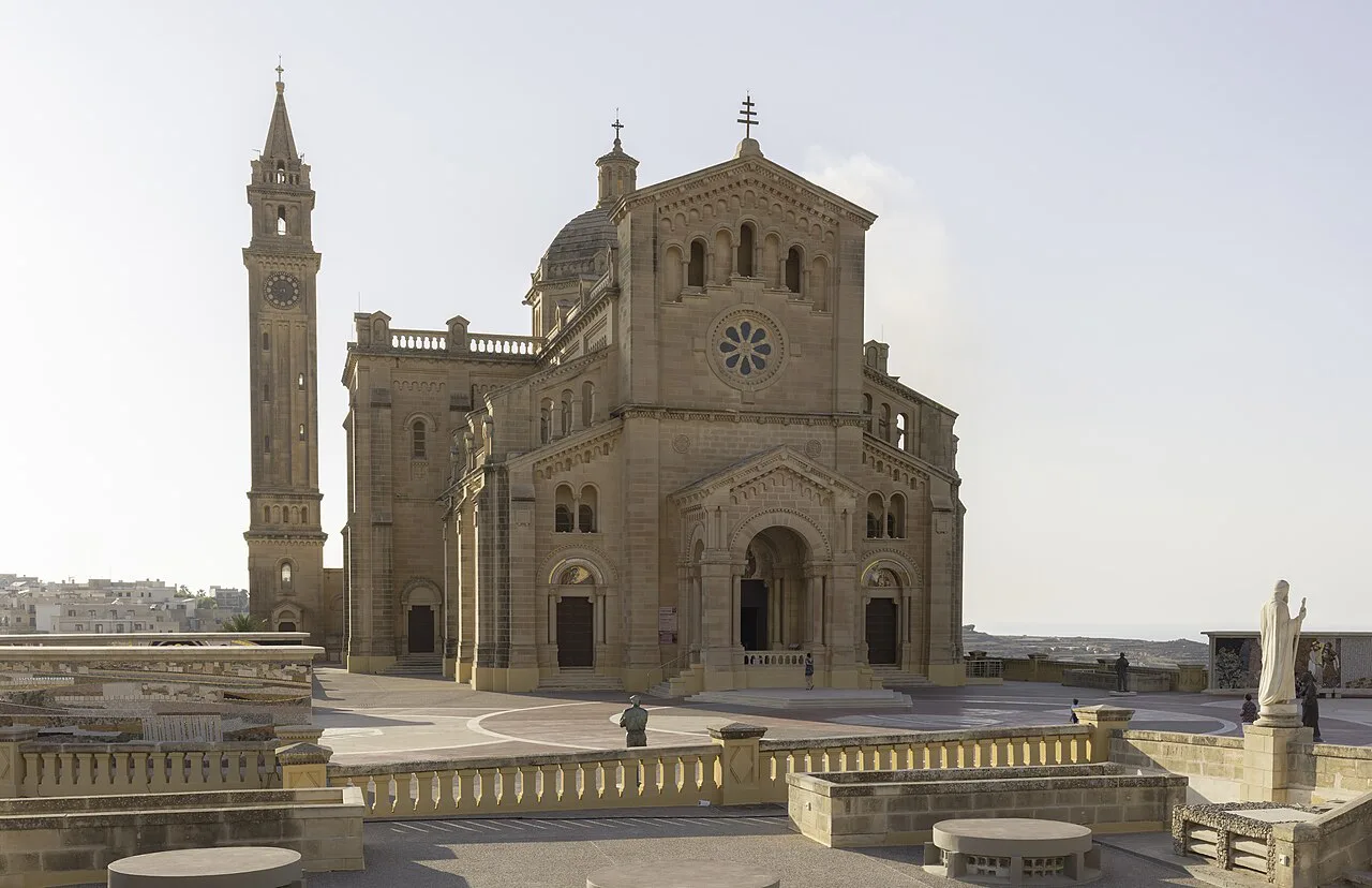 The Ta' Pinu Basilica and its bell tower near Għarb.