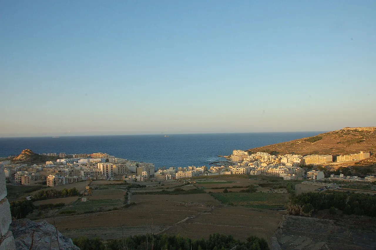 Marsalforn and its bay seen from the hills above Gozo's north coast.