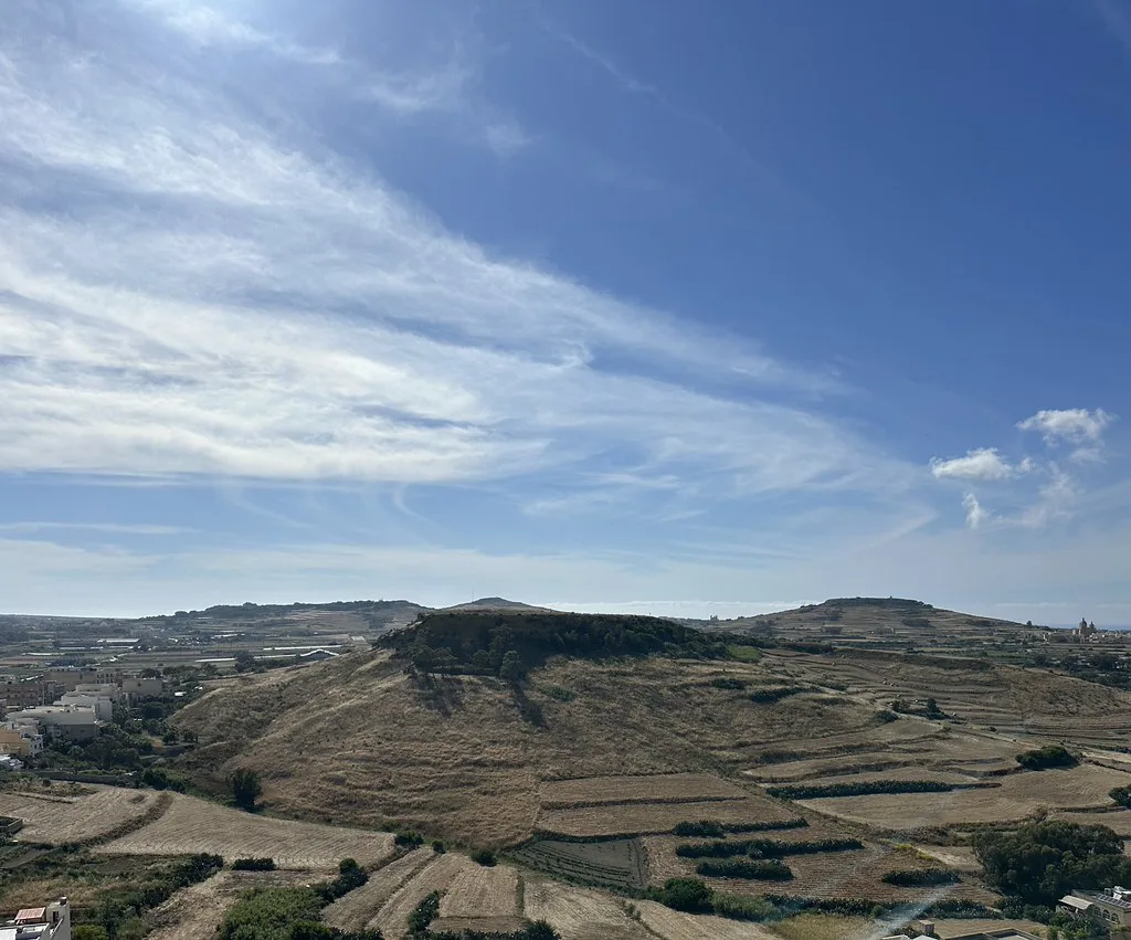 Terraced hills of Gozo seen near Victoria.