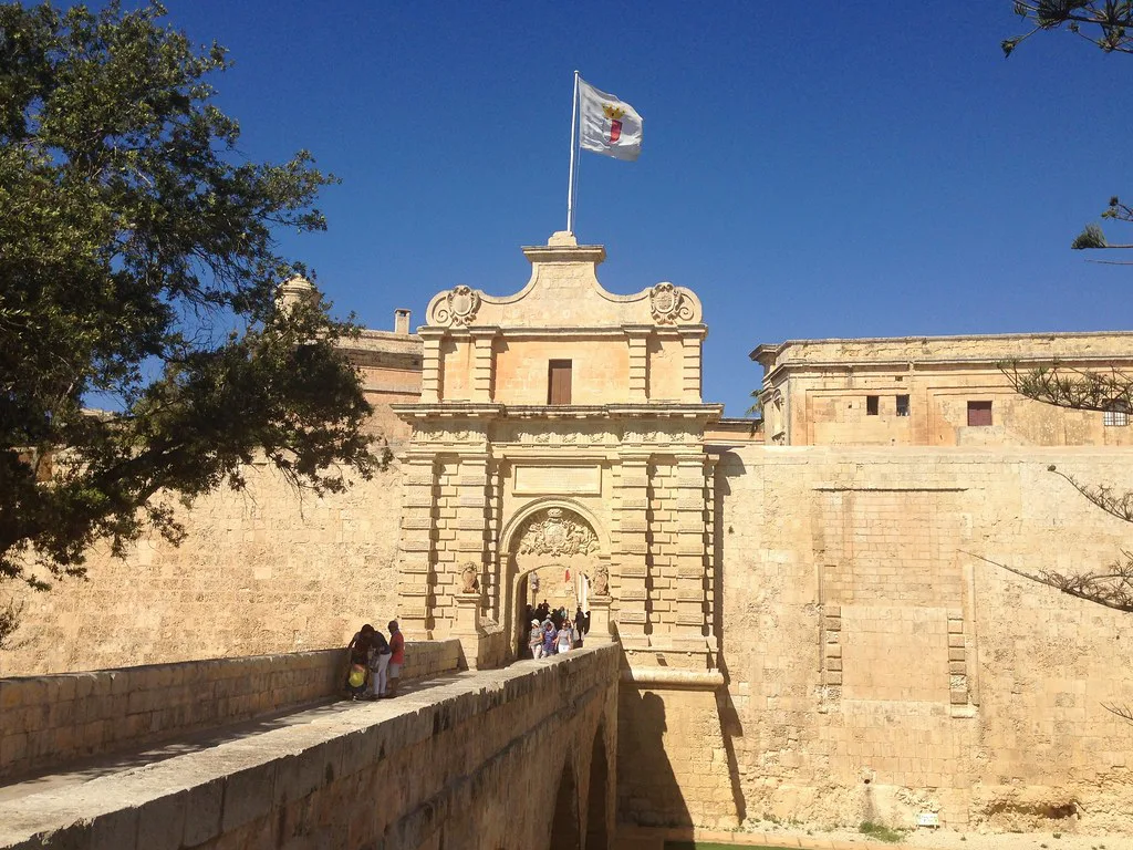 Mdina's main gate and its bridge, a short walk from the Greek Gate.