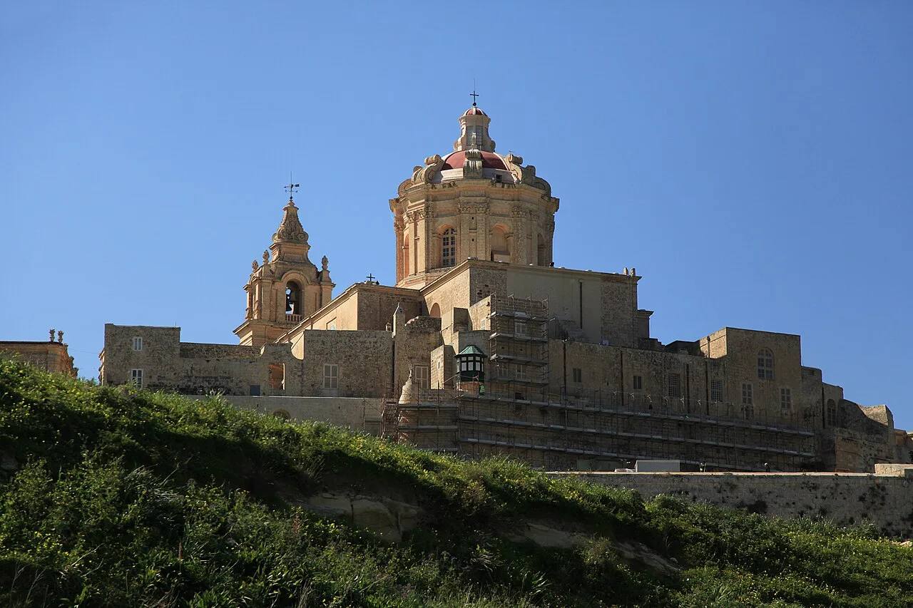 Mdina on its hilltop, seen from a sightseeing bus.