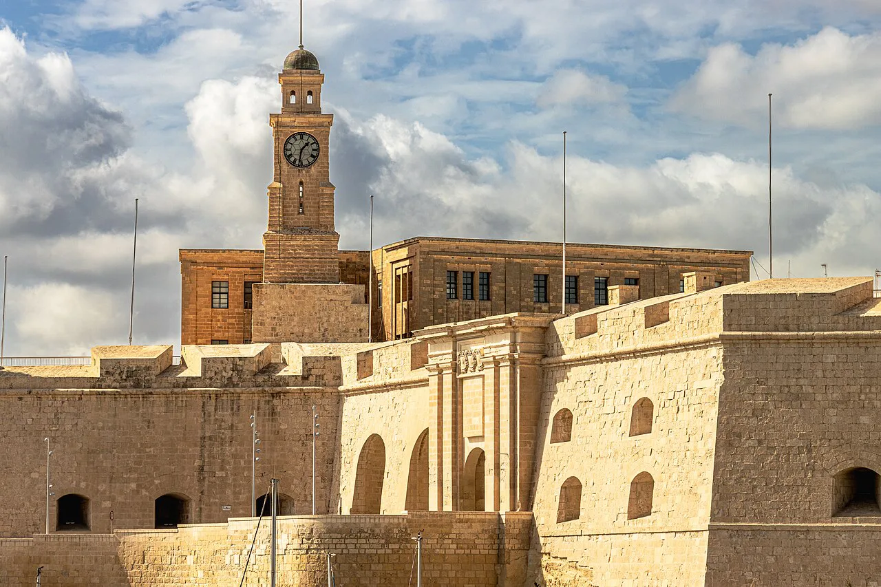The clock tower of the Malta Maritime Museum in Birgu.