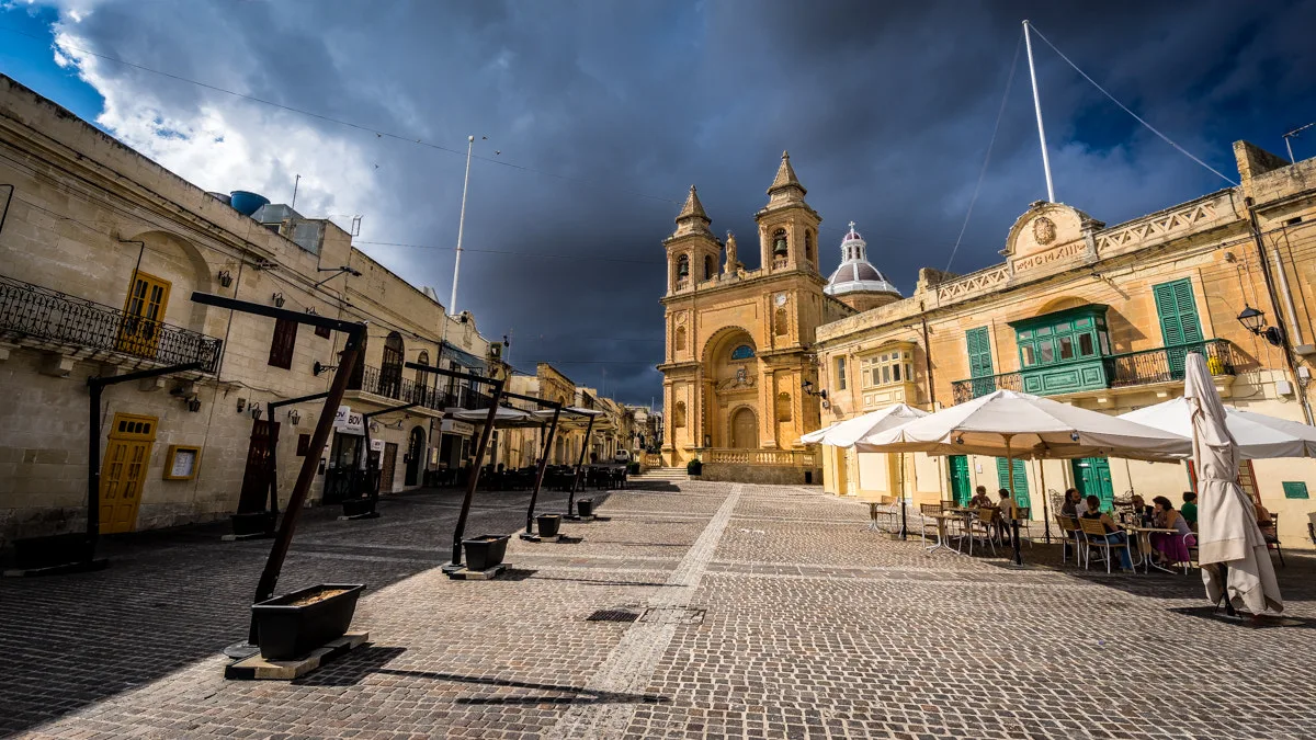 The waterfront square and parish church in Marsaxlokk.