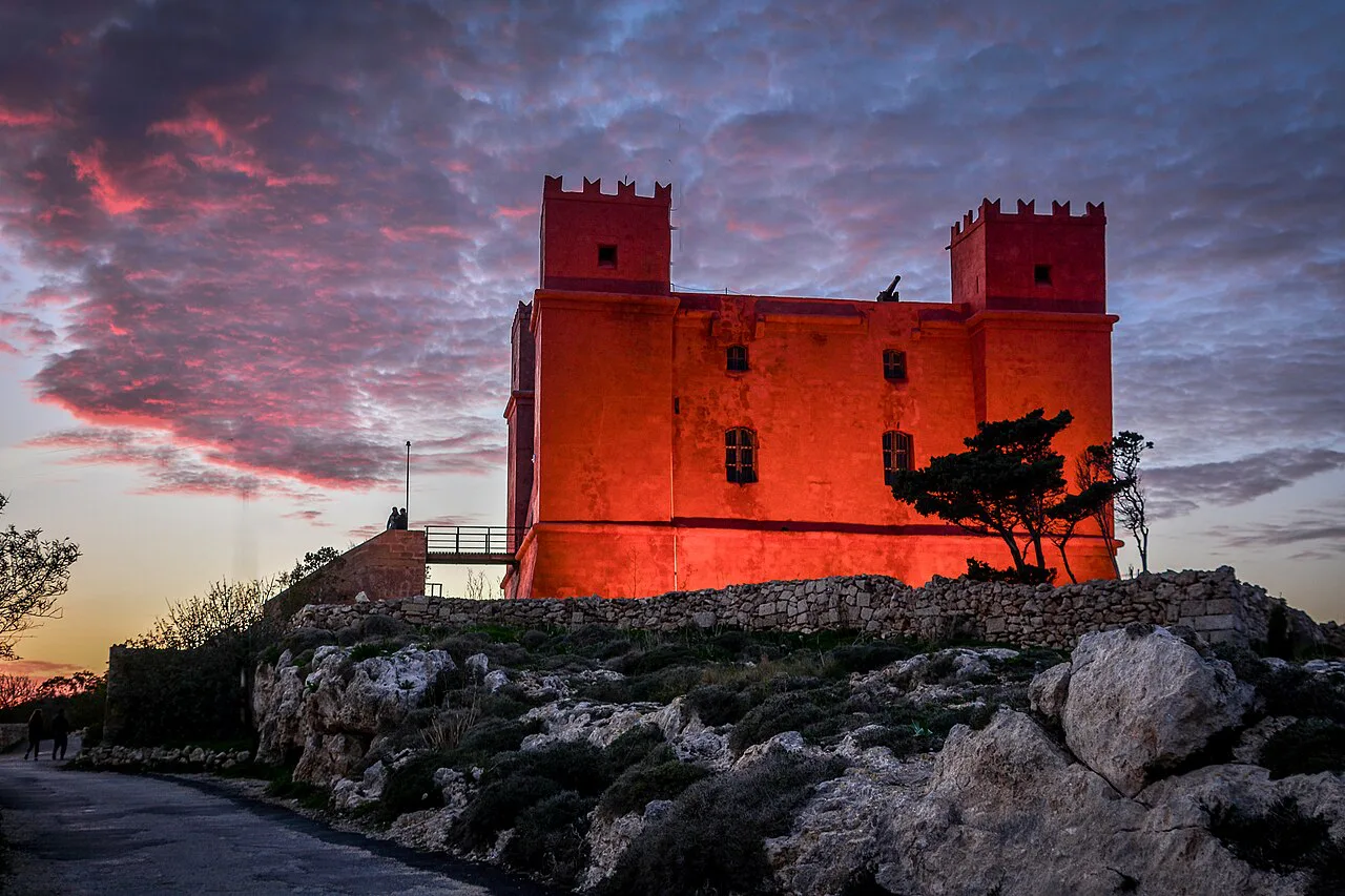 The Red Tower in Mellieħa at dusk.