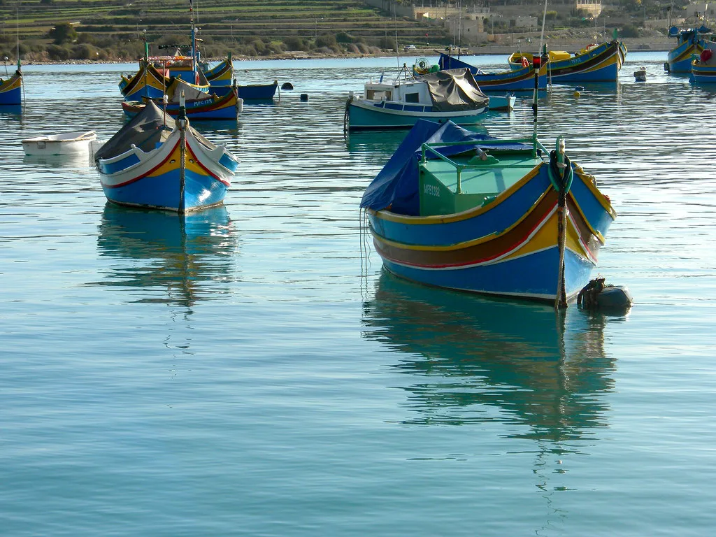 Luzzu fishing boats in Marsaxlokk harbour.