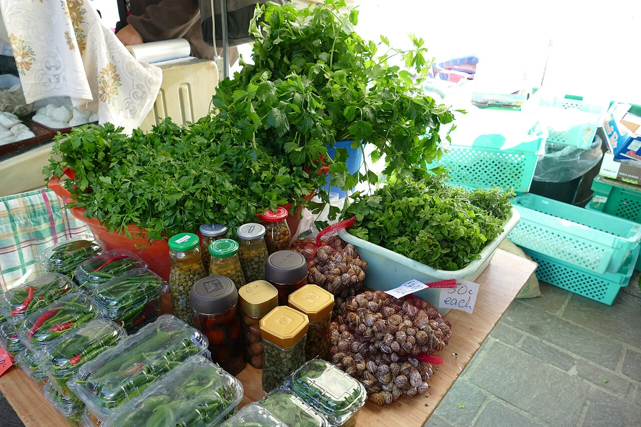 Fresh herbs and produce at the Marsaxlokk market.