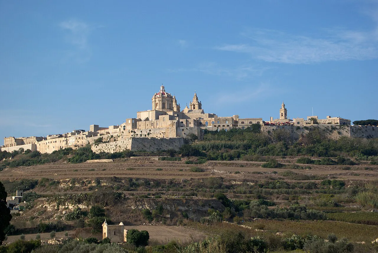 Mdina on its hilltop, seen across the countryside.