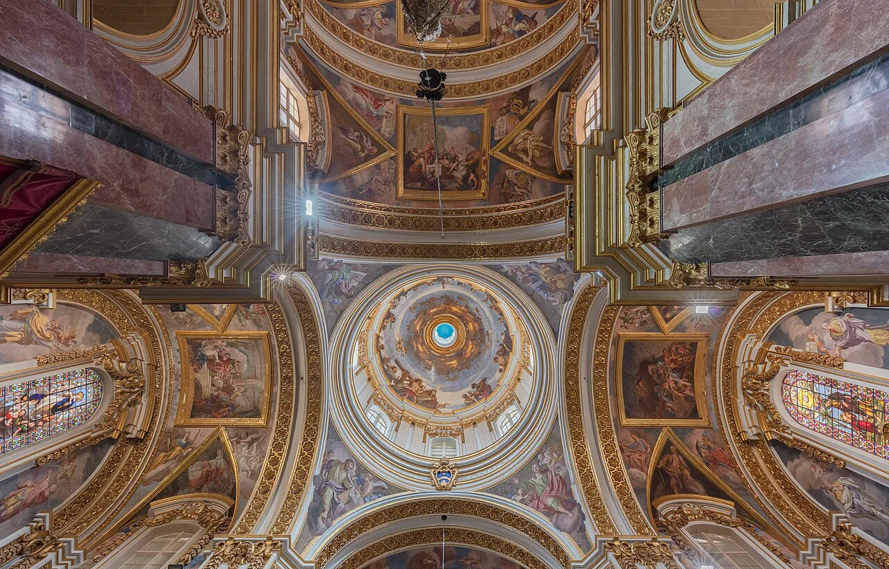 The painted dome inside St Paul's Cathedral in Mdina.