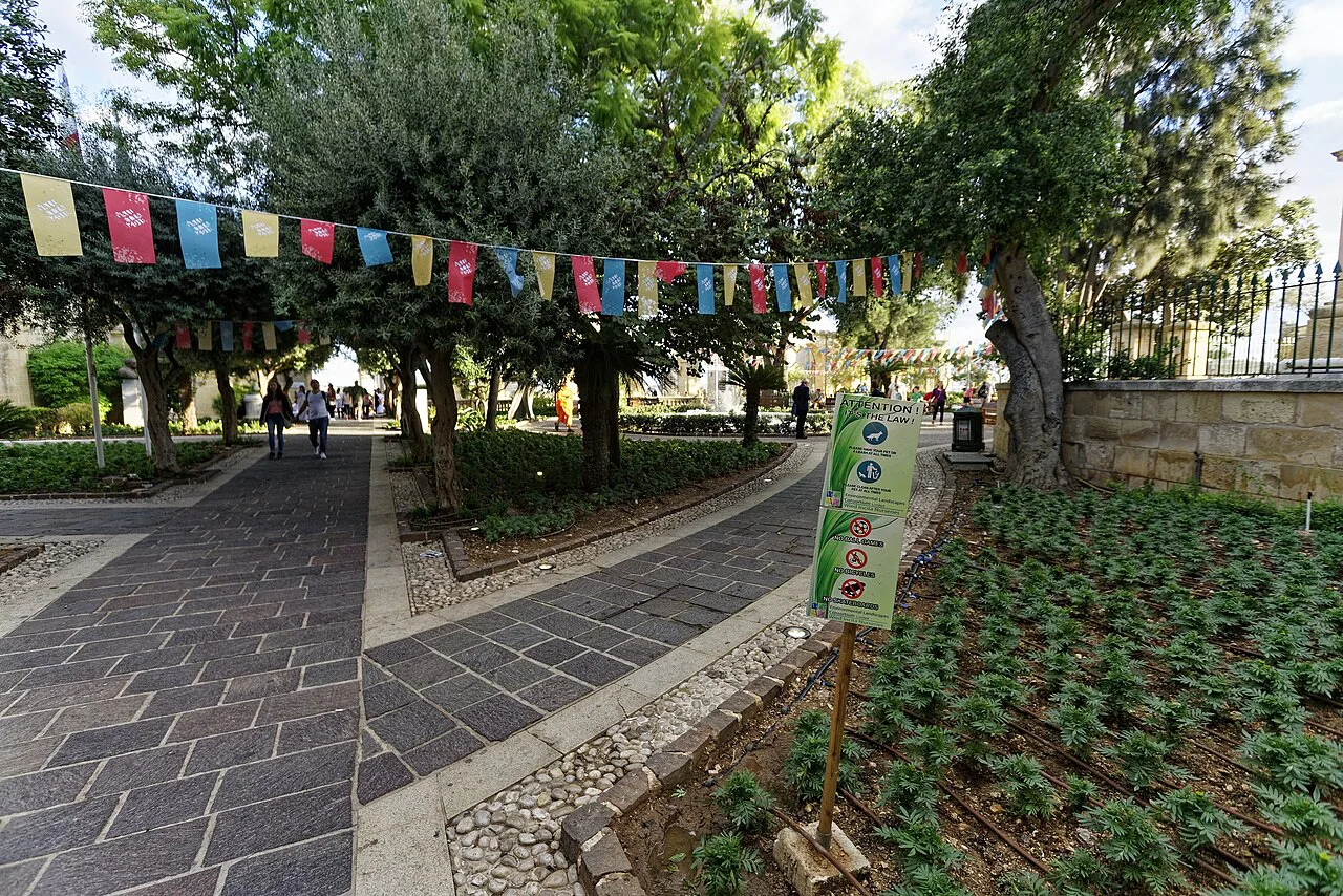 Bunting above a walkway in Upper Barrakka Gardens, Valletta.