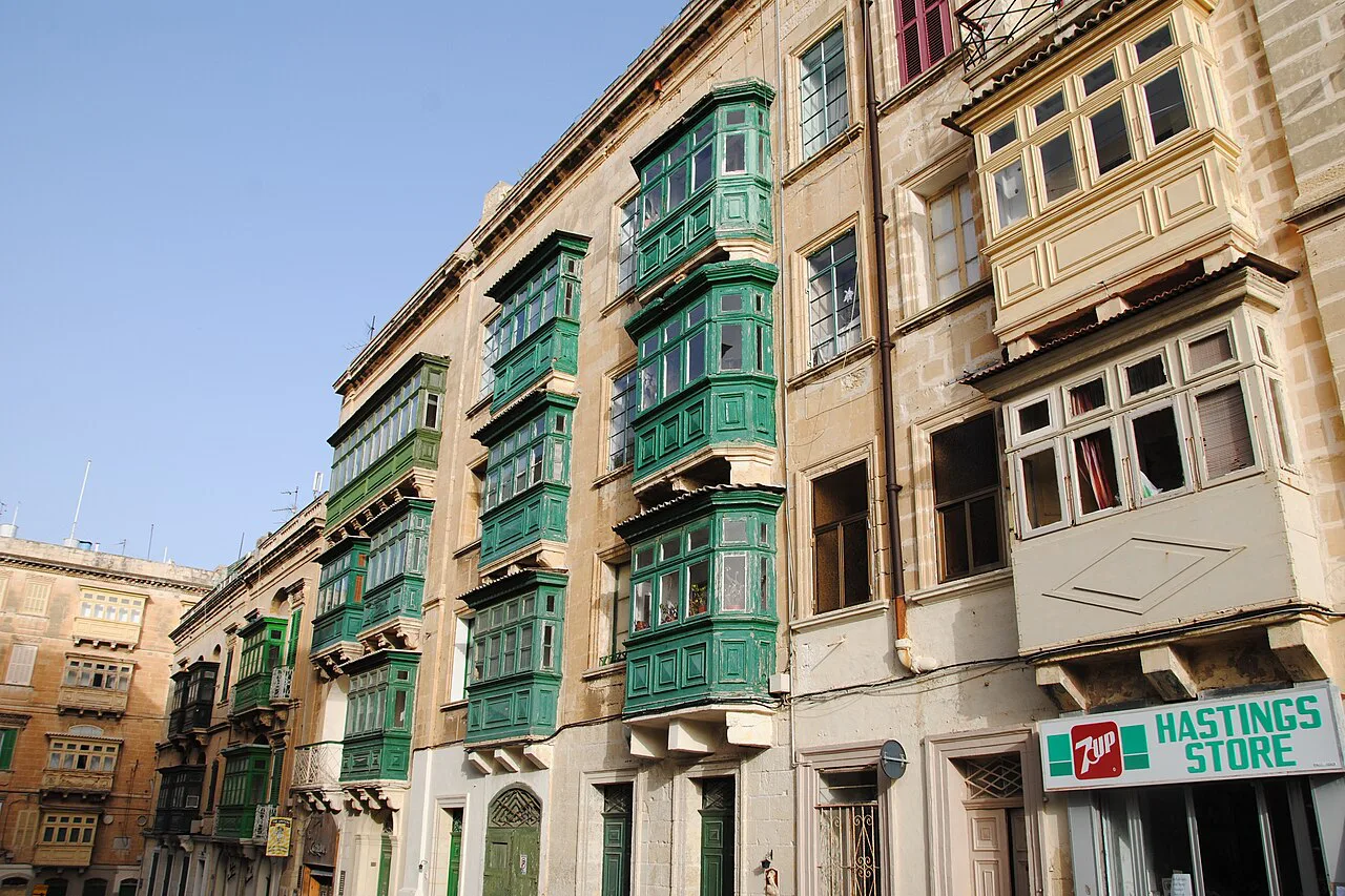 Colourful Maltese balconies on a Valletta street.