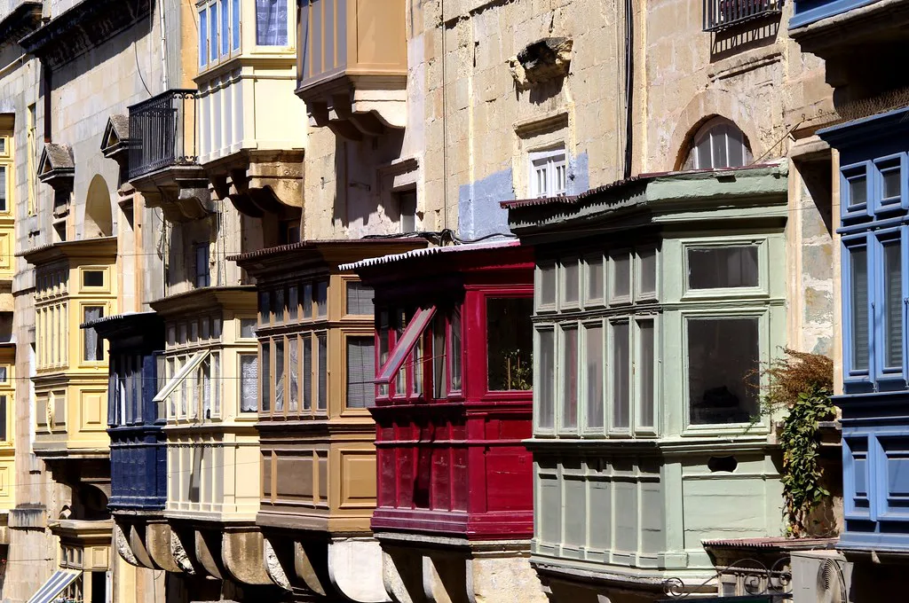 Colourful wooden balconies in Valletta.