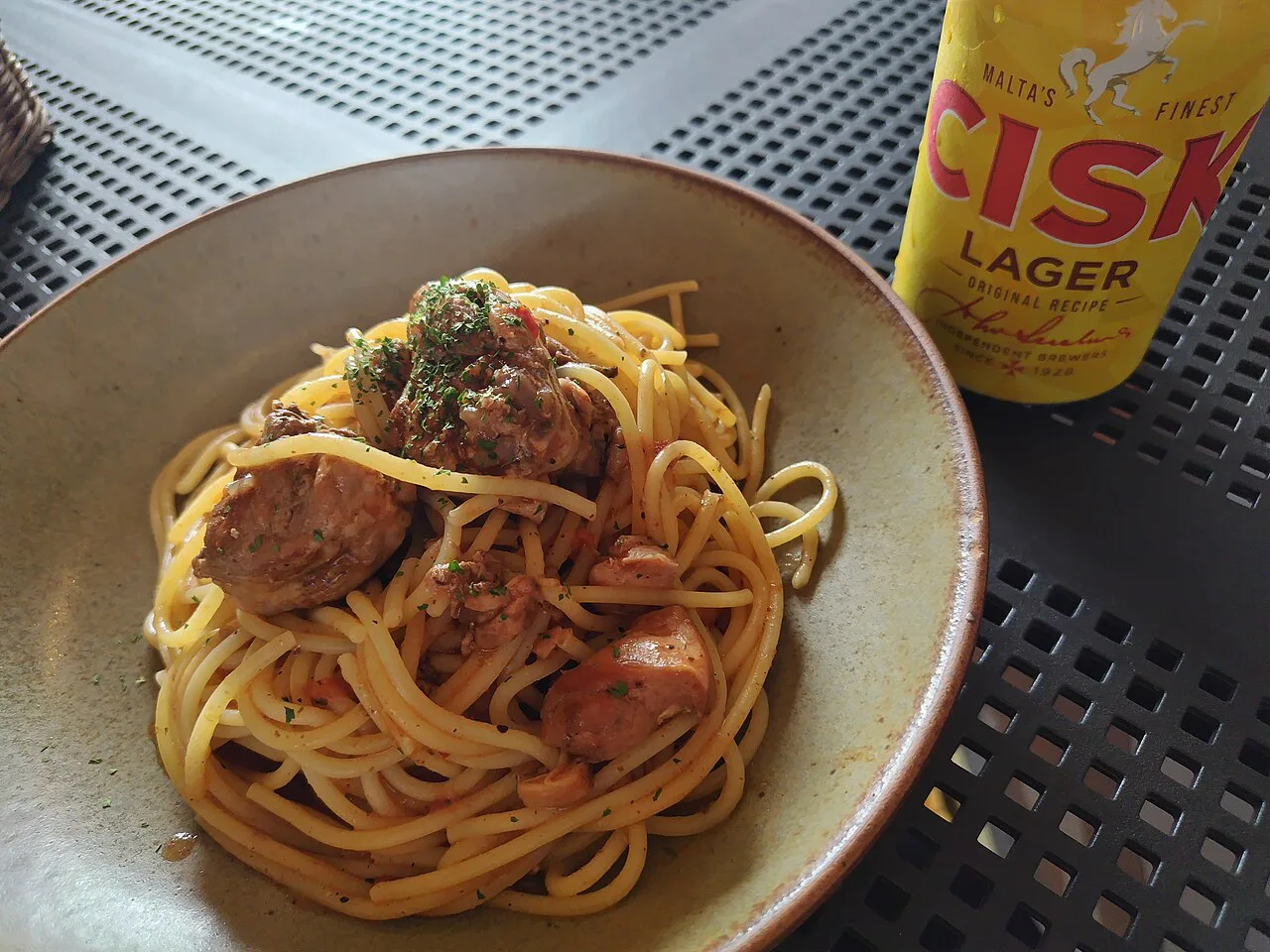 Rabbit stew with spaghetti served at the Malta pavilion at Expo 2025.