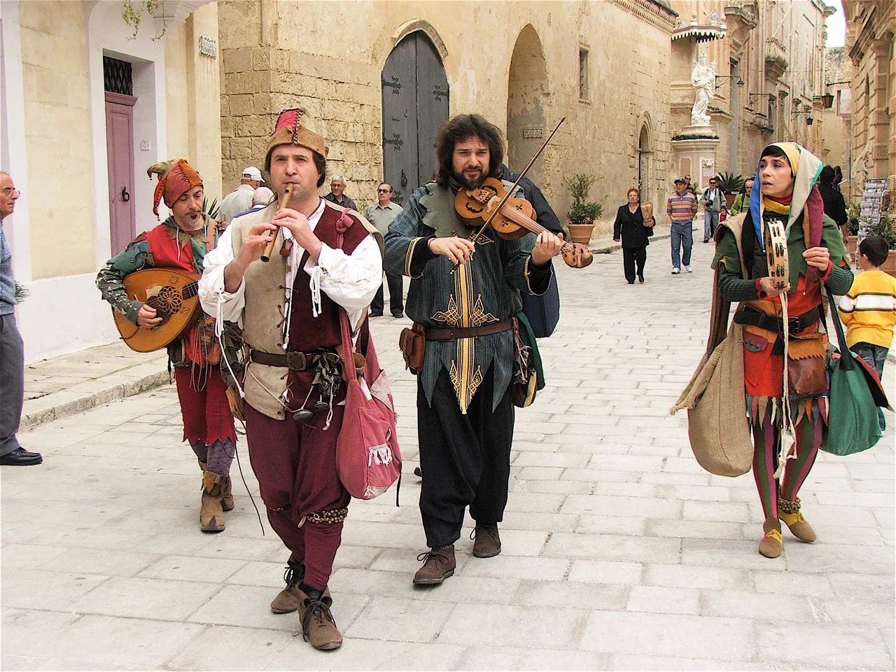 Costumed musicians in the streets of Mdina.