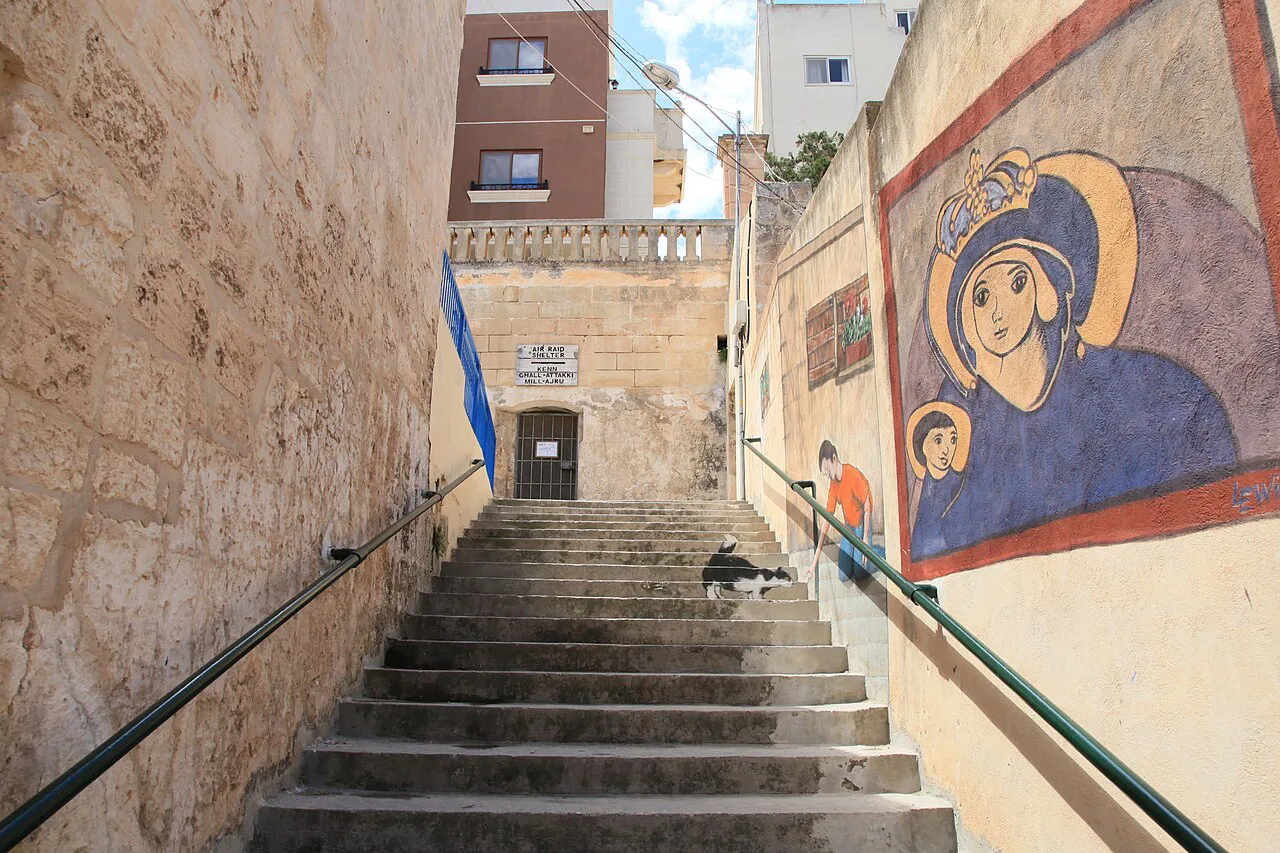 The stairs leading up to the Mellieħa air raid shelter.