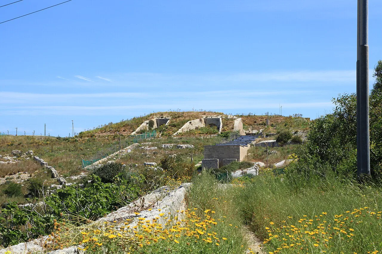 Fort Mosta's earthworks on a hillside in Mosta.