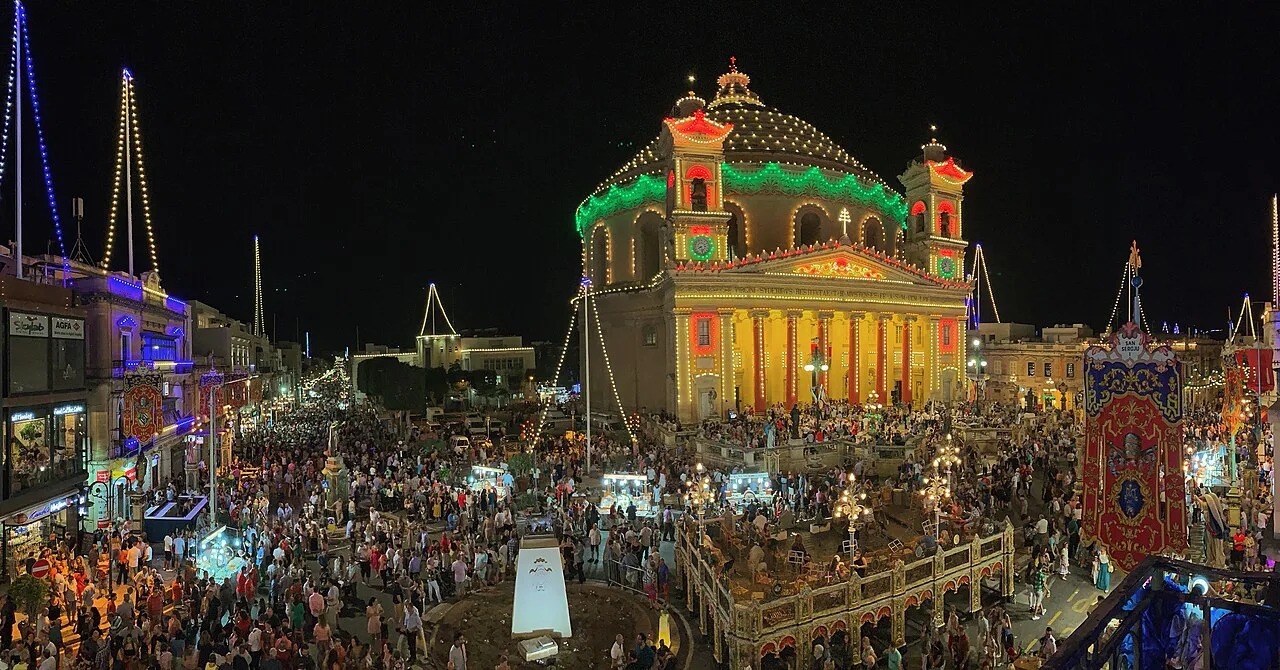 The Rotunda of Mosta lit up during the feast of St Mary.