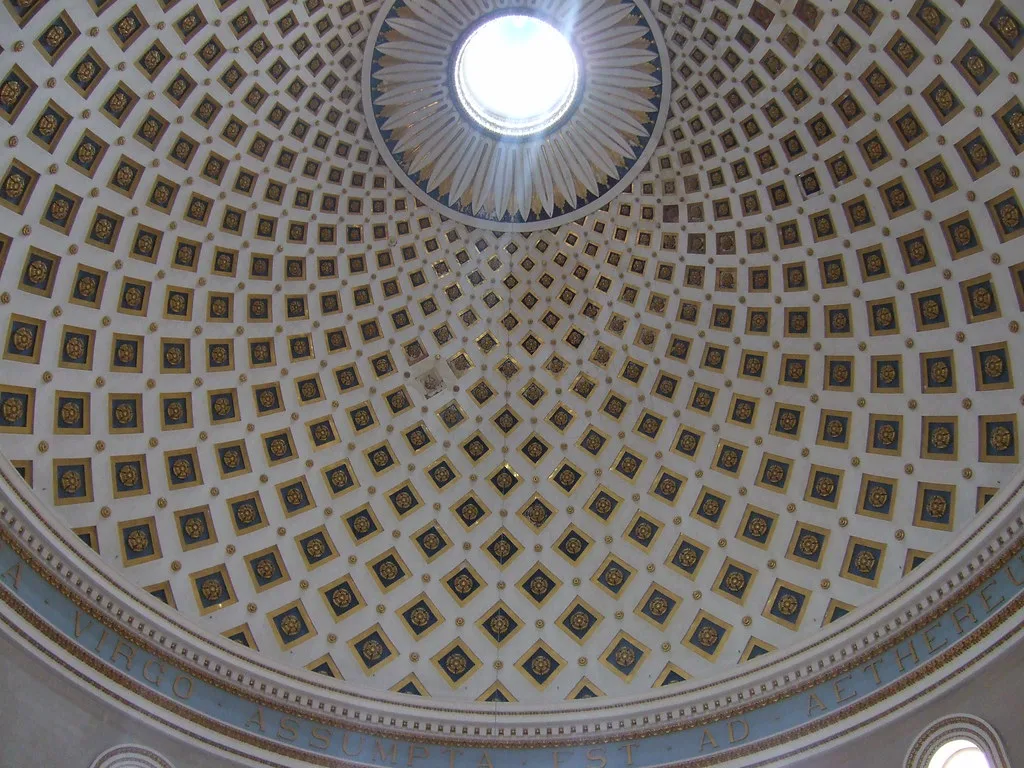 The coffered dome of the Rotunda of Mosta seen from below.