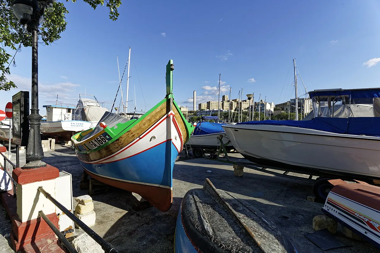 Luzzu boats on the shore at Msida, Marsamxett Harbour.