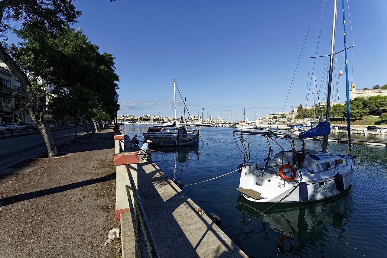 Yachts moored along Marsamxett Harbour at Pietà.