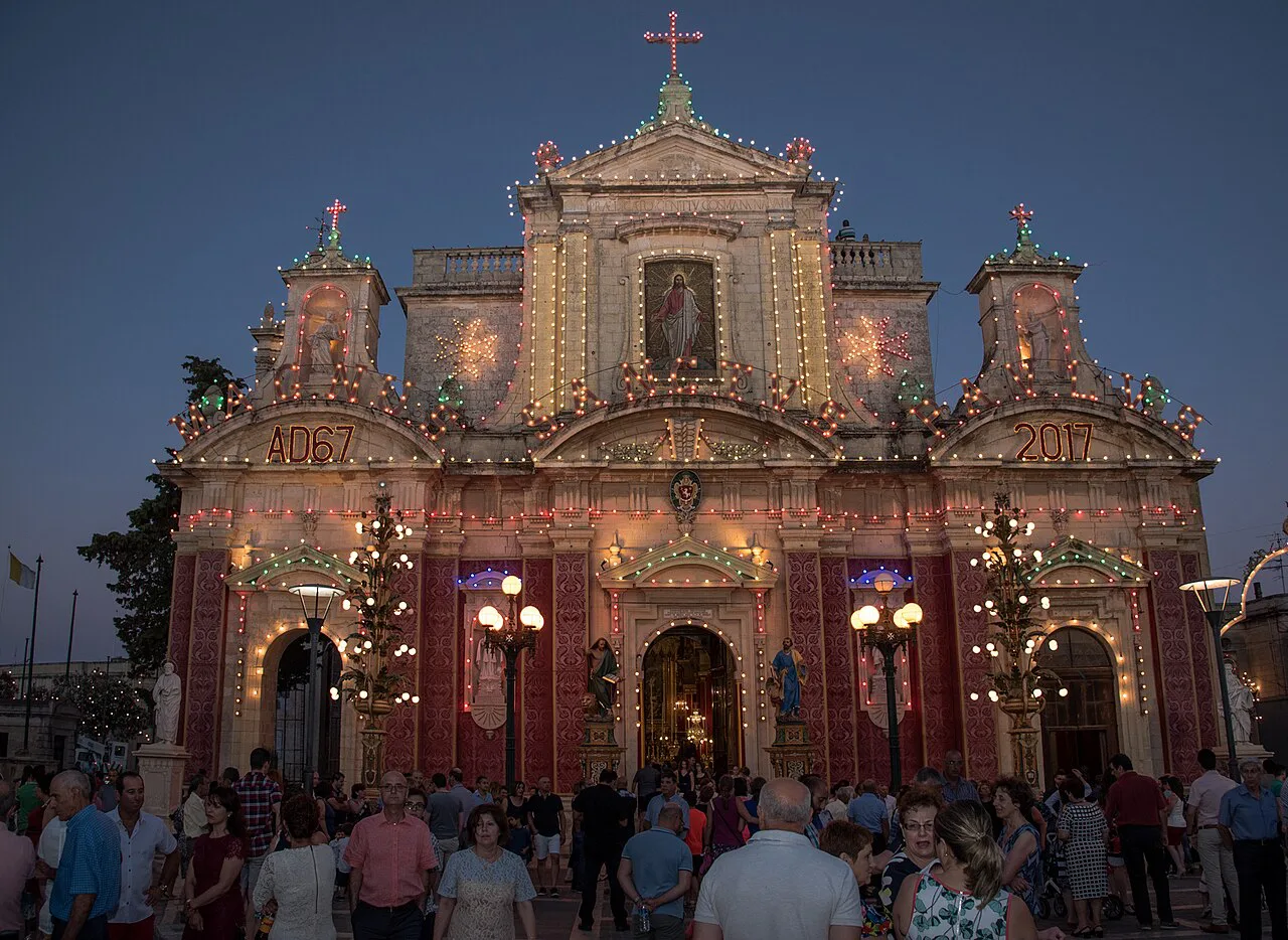 The Rabat parish church lit up for the festa.