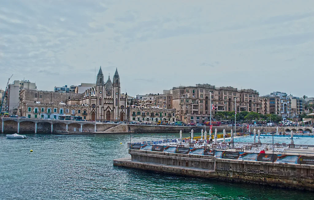 Sliema's waterfront seen from the sea.