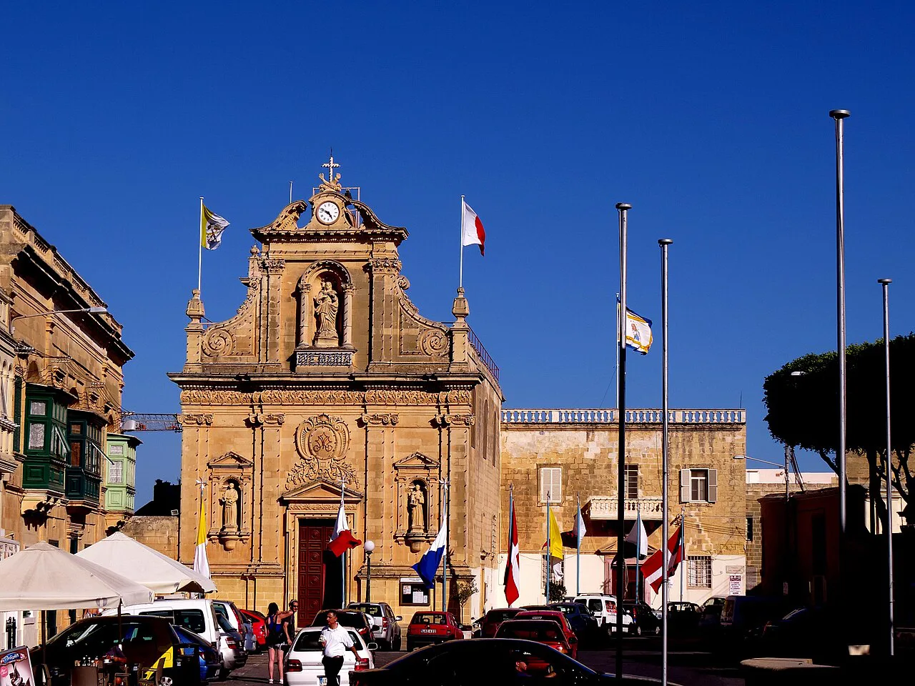The façade of St Francis Church on its square in Victoria, Gozo.