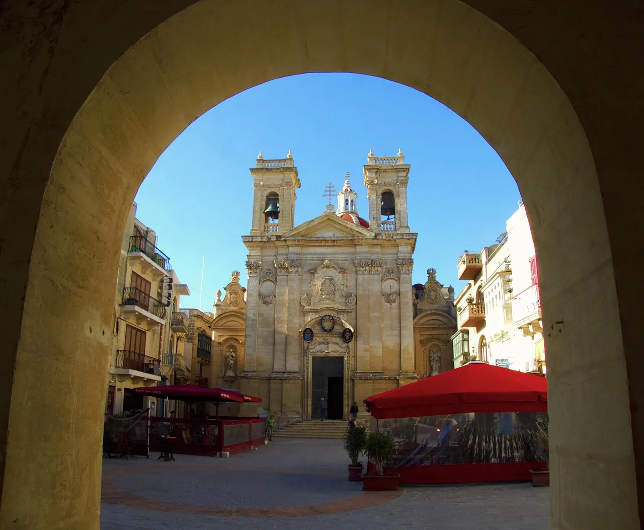 St George's Basilica framed by an arch in Victoria, Gozo.