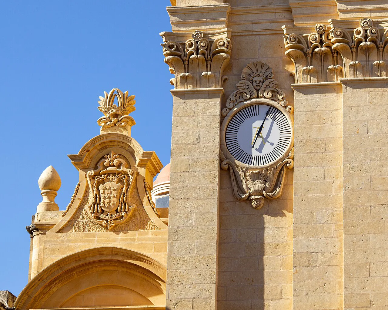 The belfry clock of St George's Basilica in Victoria, Gozo.