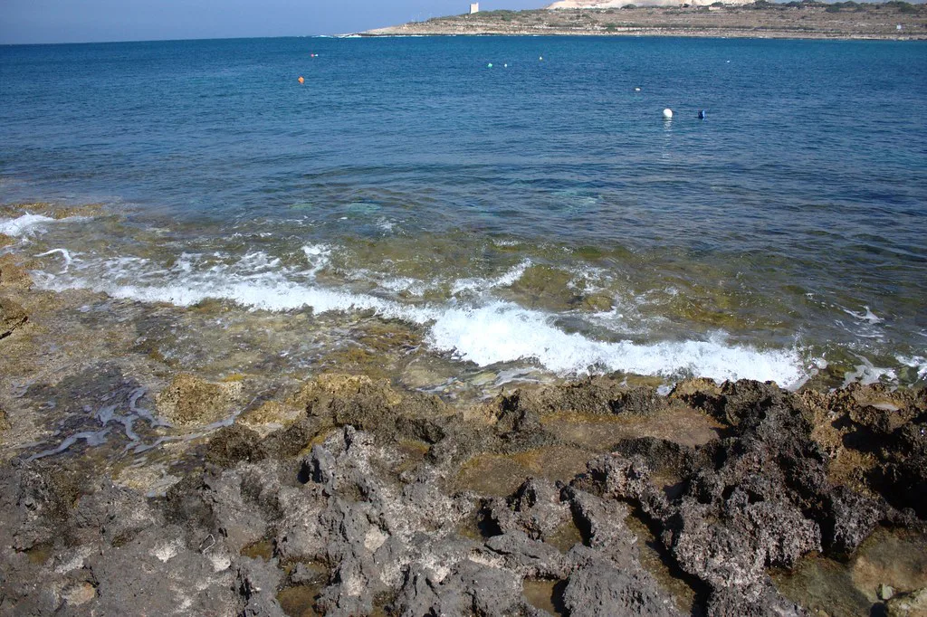 Waves breaking on the rocky coast at Qawra.