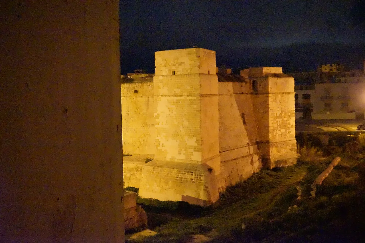 St Thomas Tower in Marsaskala lit at night.