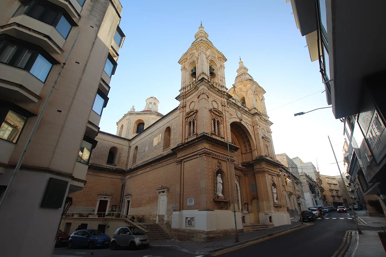 Stella Maris Church seen from a Sliema side street.