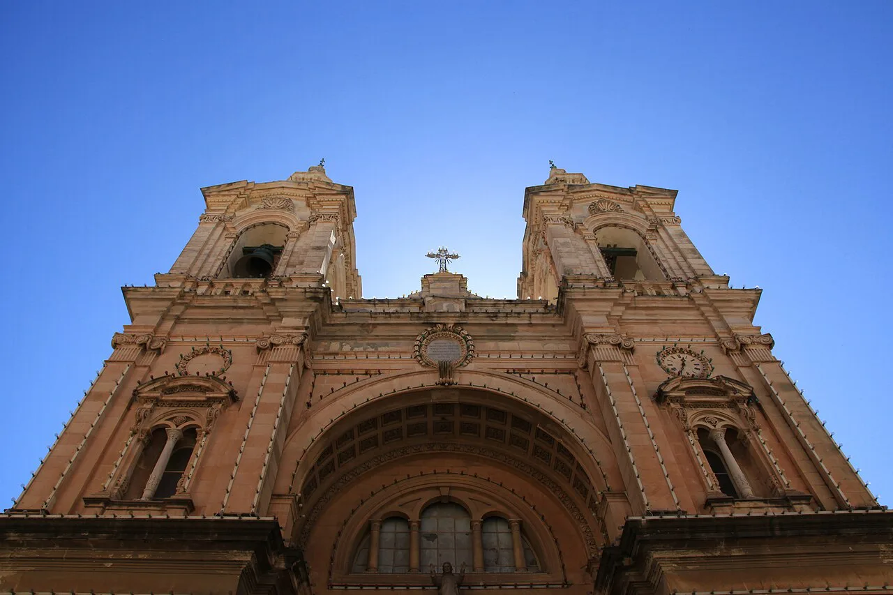 The twin-towered façade of Stella Maris Church in Sliema.