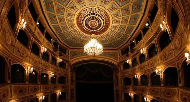 The ornate ceiling of Teatru Manoel in Valletta.