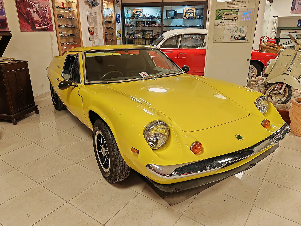 A yellow Lotus at the Malta Classic Car Museum in Qawra.
