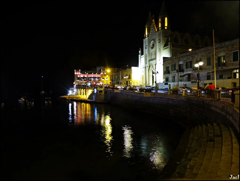 St Julian's waterfront at night.