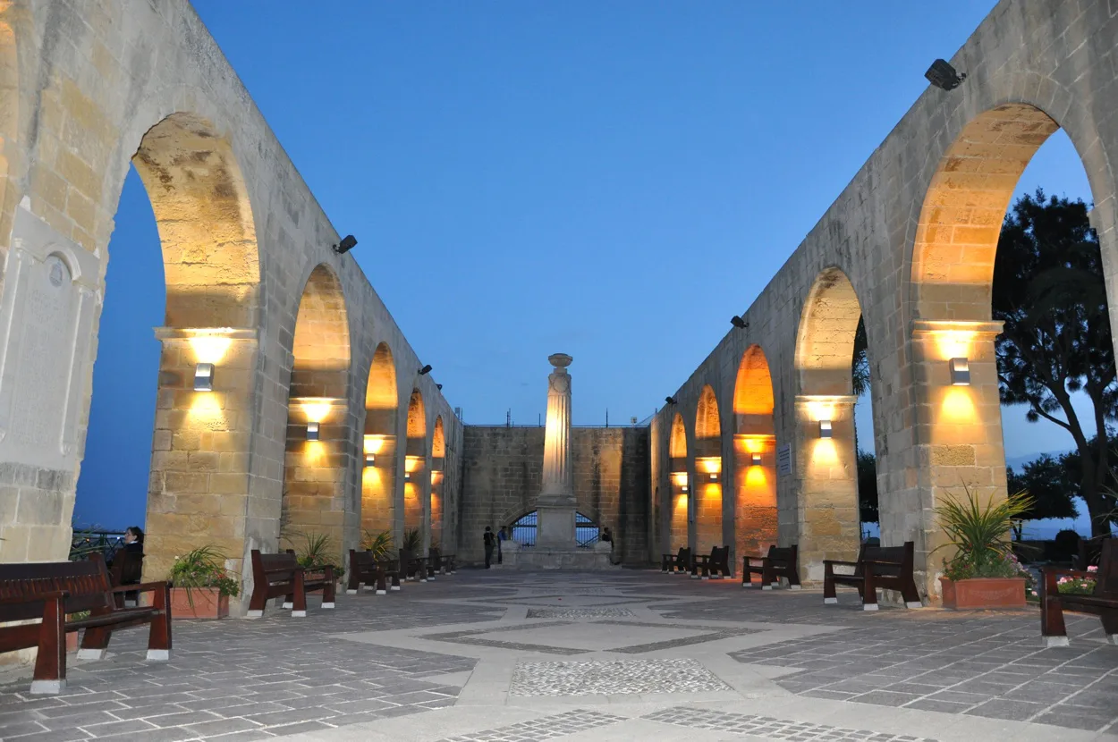 The arcades of Valletta's Upper Barrakka Gardens, which look over the Three Cities.