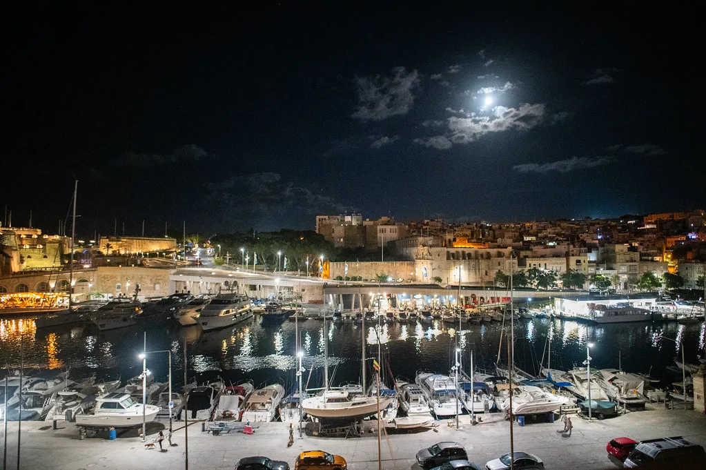 Birgu's marina at night, seen from Senglea.