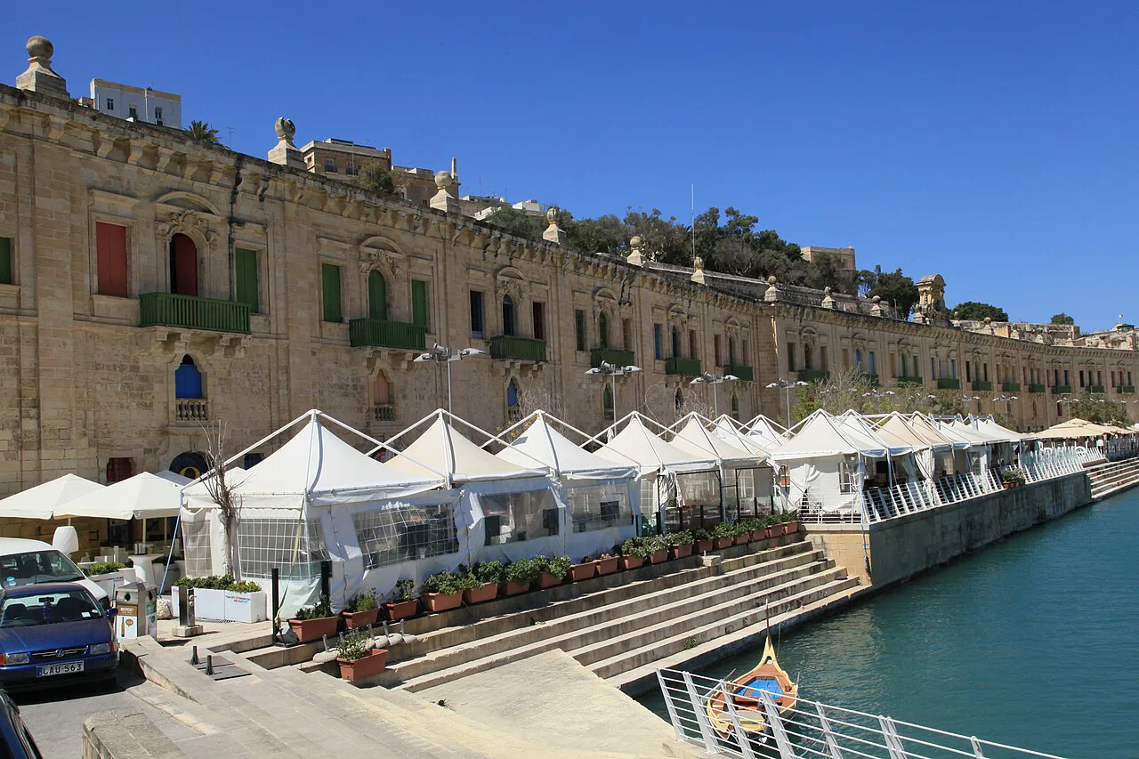 Restaurant awnings along the Valletta Waterfront in Floriana.