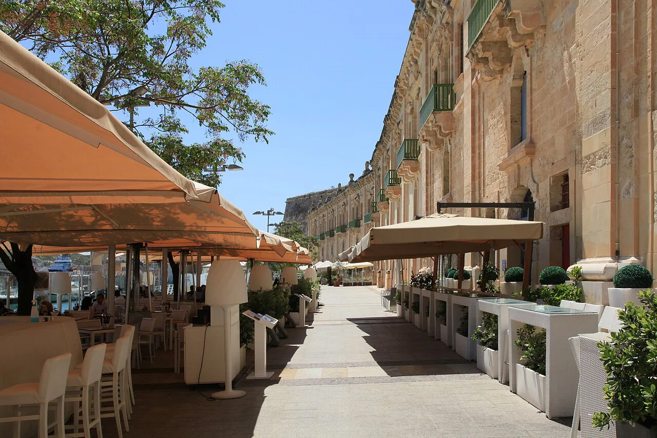 Restaurant terraces along the Valletta Waterfront in Floriana.