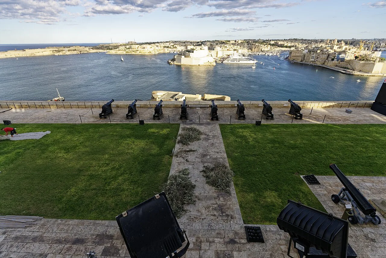 Saluting Battery guns and lawn at the Upper Barrakka Gardens in Valletta.