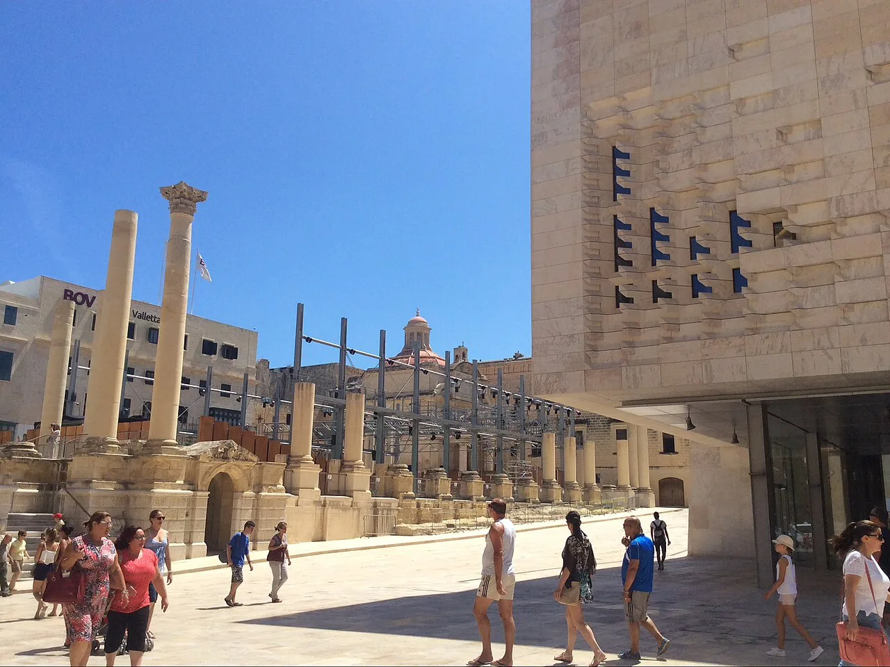 The Parliament building and the Royal Theatre ruins in Valletta.